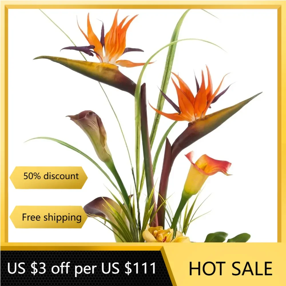 Artificial Bird of Paradise & Calla Lily Silk Flower Centerpiece in Glass Bowl with Acrylic Water