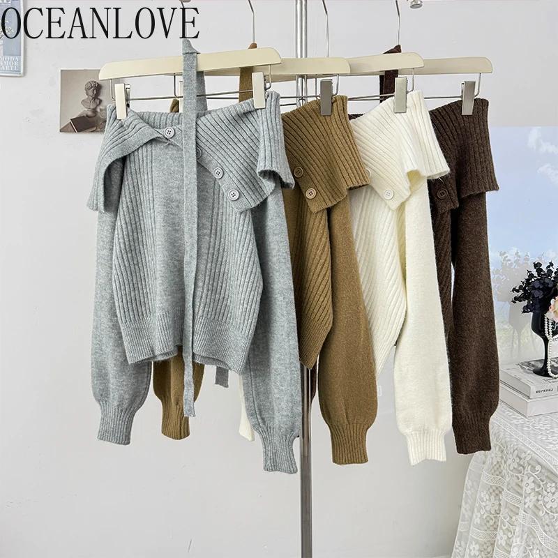 

OCEANLOVE осенне-зимняя одежда, женские свитера, однотонные корейские модные пуловеры с разрезом на шее, элегантные ретро простые Pull Femme