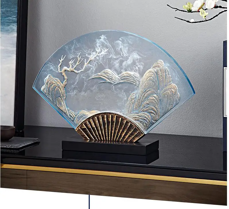 Chinese Transparent Resin Fan Ornaments Fengshui Home Livingroom Table Figurine Decoration Office Desktop Landscape Mural Crafts