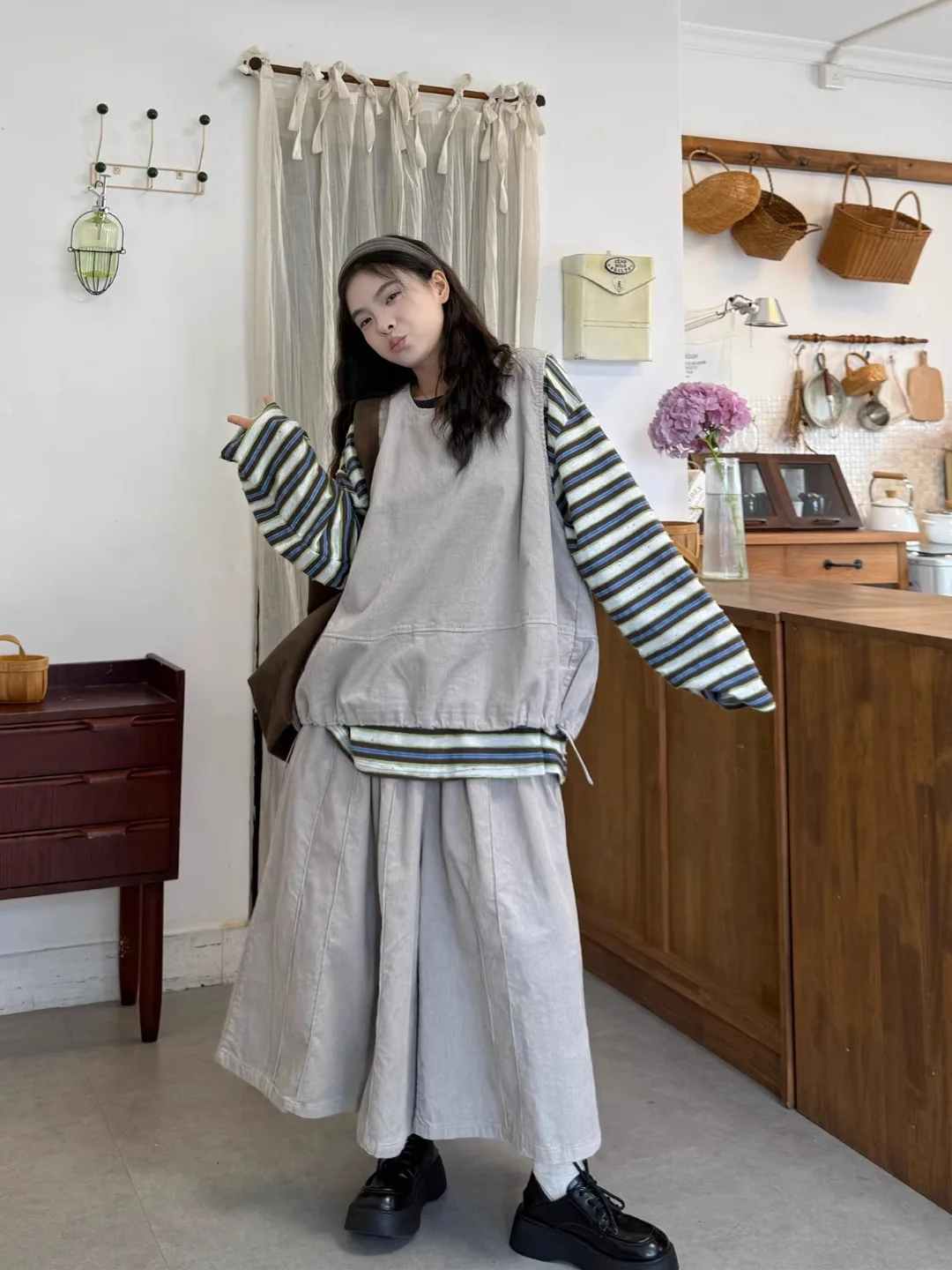 

plus Size Women's Lazy Sle Loose Long Sve Striped T-irt High Waist Wide Leg Coree Sle Autumn New Faion Set