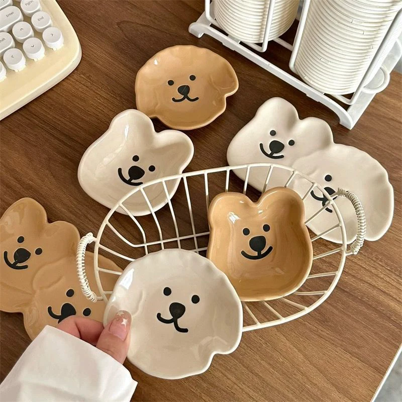 Adorable plato de salsa de cerámica con bonito diseño de perro y oso, cuenco para inmersión de un solo/doble compartimento para condimentos, aperitivos, sushi y soja