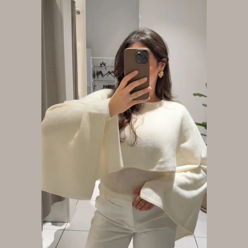 

Elegant Woolen Cape Sweater Full Sleeve O Collar Slim Waist Shawl Knitted Pullover 2025 New Lady Autumn Winter Streetwears Coats