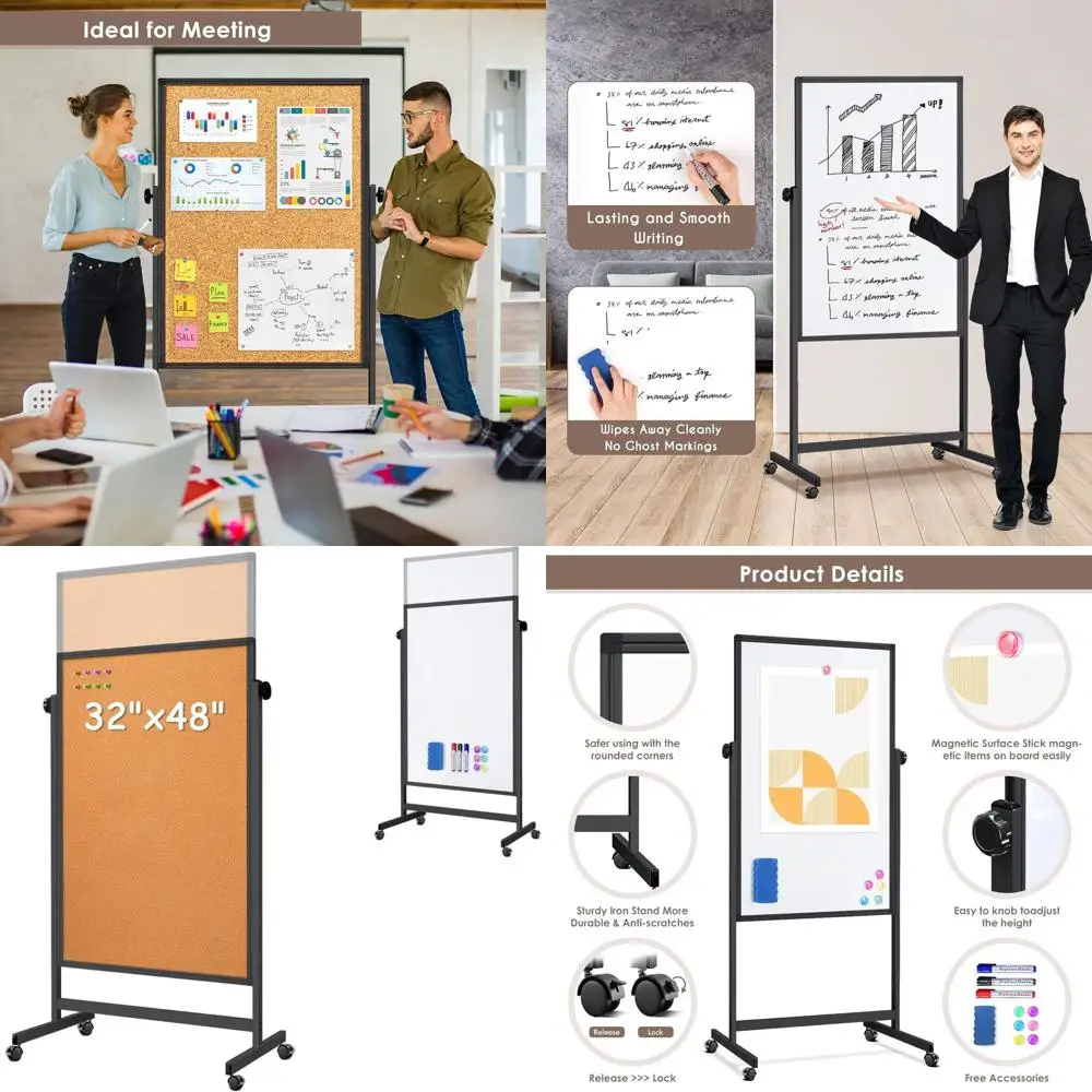 

Магнитная доска с регулируемой высотой и большой пробковой доской 32x48 на колесах для офисного дисплея и планирования