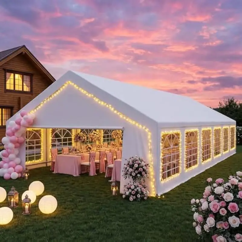 Spacious 20x40 ft modern outdoor event shelter with waterproof PE top, UPF50+ UV protection, steel frame, roll-up doors, clear P