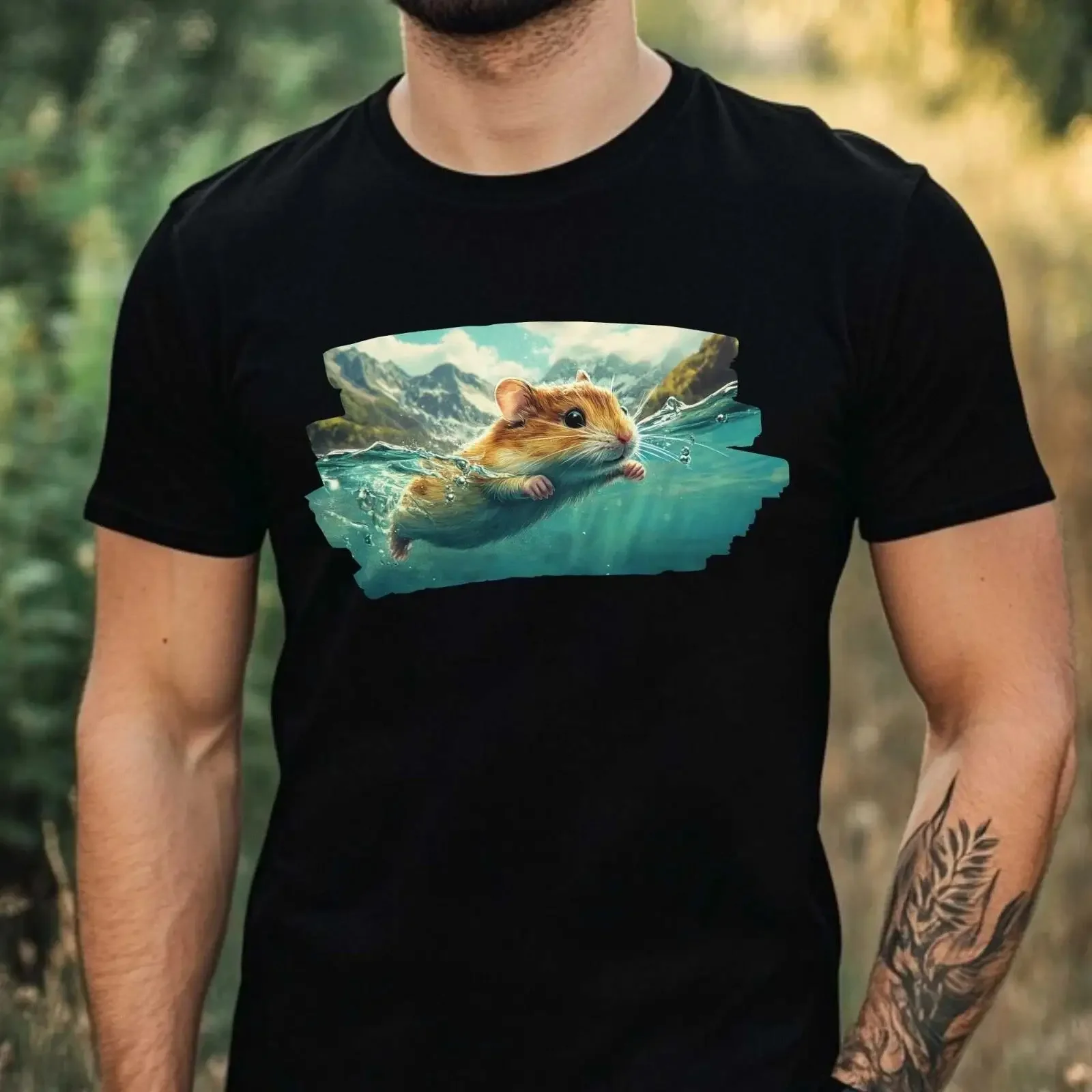 T Shirt Herren Hamster Schwimmt im Ozean Motiv Baumwolle Größe XS bis 5XL vintage Washed Versatile Soft streetwear Comfortable