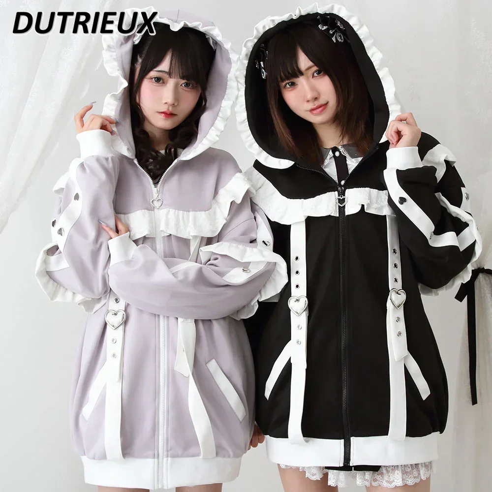

Spring Mine Heavy Industry Fungus Edge Hooded Coat Zip Up Sweatshirt Solid Color Cute Sweet Loose Oversized Hoodie Clothes