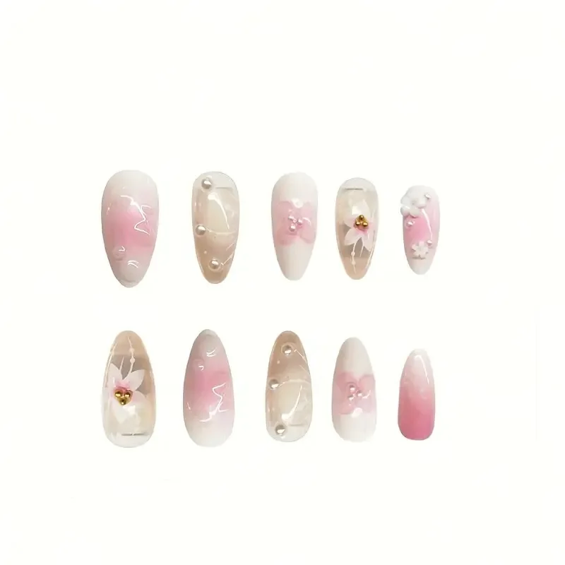 24pcs Almond Fake Nail Tips Blush Pink Sweet 3D Flower Pearl Design Press On Nails Wearable False Nail Patches For Women Girls