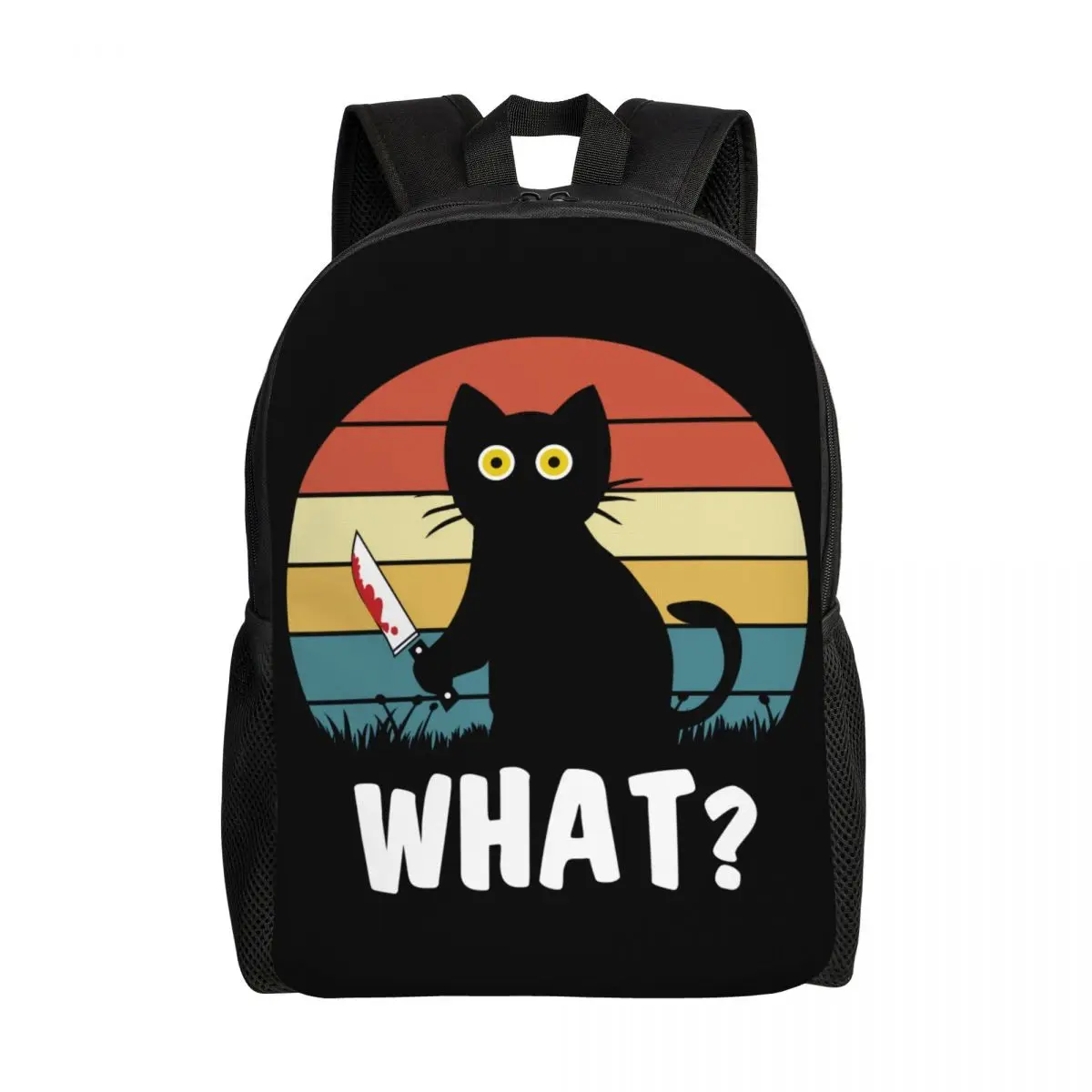 Mochila gato preto para homens e mulheres, impermeável, escola universitária, engraçado, gato assassino segurando faca, saco de Halloween, saco de impressão