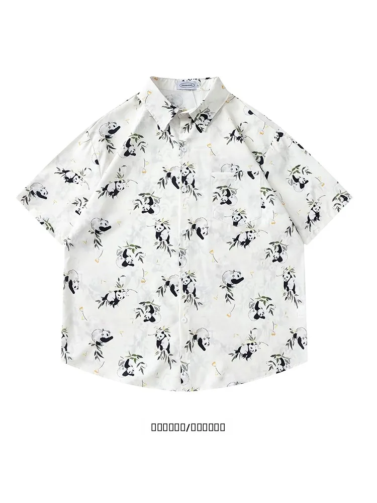 

New Chinese Style Retro Animal Print Loose Casual Short Sleeve Shirt BF from Panda Climbing Summer Fashion Men's Shirt