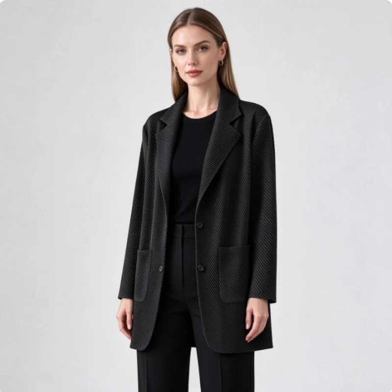 Miyake Women Black Diagonal Pleated Blazer, Notched Collar Jacket, Button Front Loose Office Coat