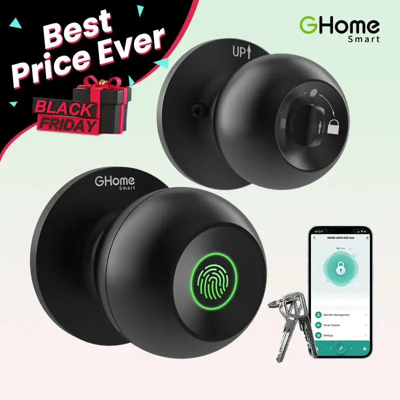 GHome Smart Door Knob Fingerprint Door Lock Rechargeable Smart Lock Electronic Biometric Door Lock , App Control