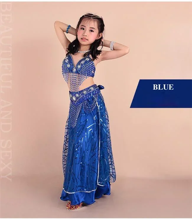 الرقص الشرقي الأطفال الهندي هامش تنورة زي مجموعة 3-قطعة/مجموعة (حمالة صدر + حزام + فستان) أزياء رقص بوليوود للفتيات 8 ألوان