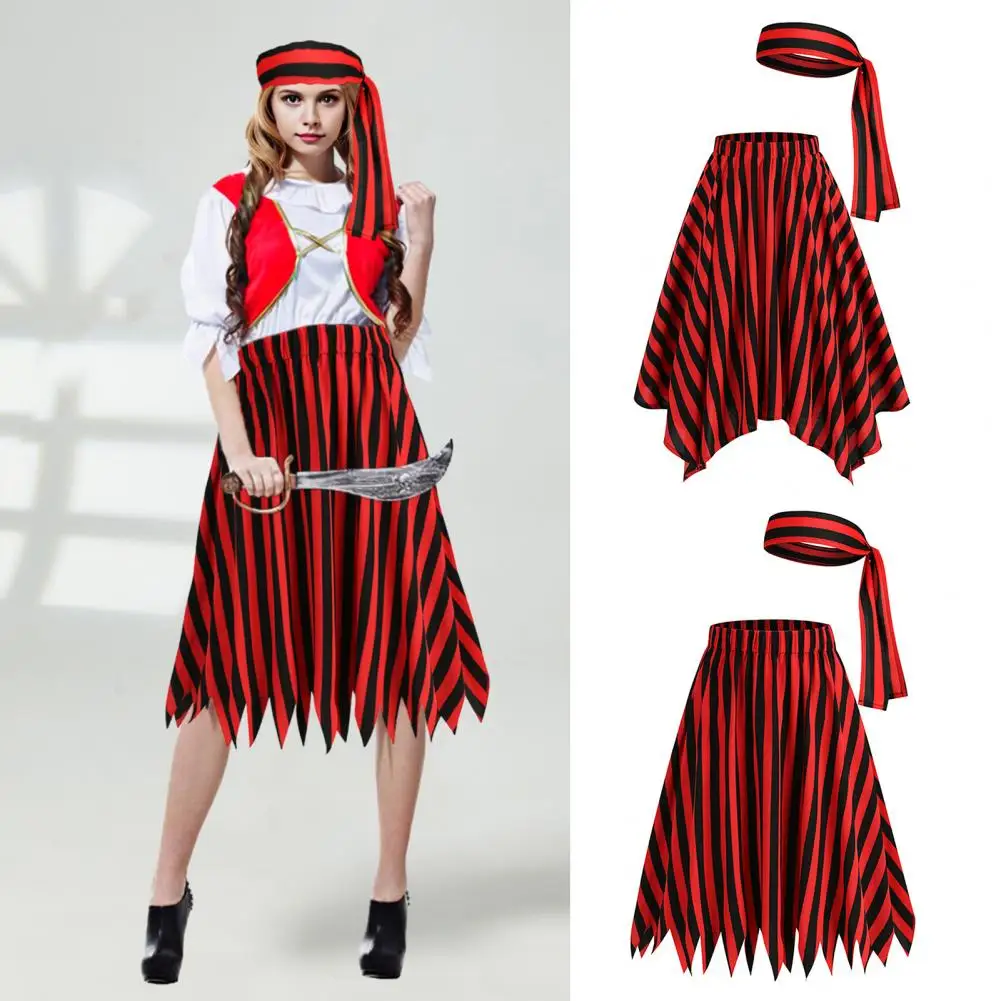 High-waisted Skirt with Half-opening Zipper Pirate Cosplay Skirt Set with Belt Headscarf for Women Renaissance Theme for Theme