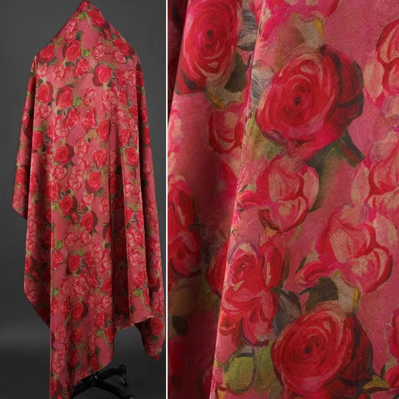 

Fragrant Cloud Gauze Floral Jacquard Fabric New Chinese Style Qipao Red Rose Coat Dress Designer Handmade Clothing Fabric