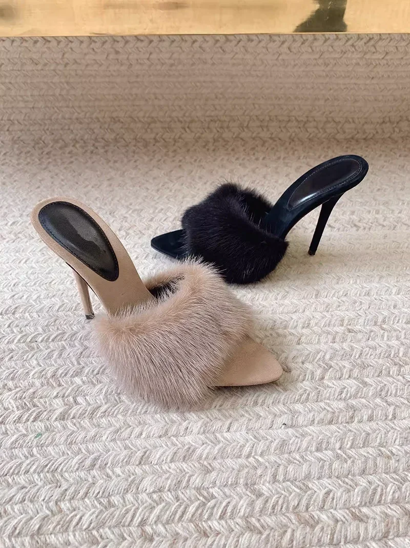 Genuine leather fur, mink fur, high set thin heels, exposed toe sandals women\'s sexy one and a half drag fur, high heels sandals