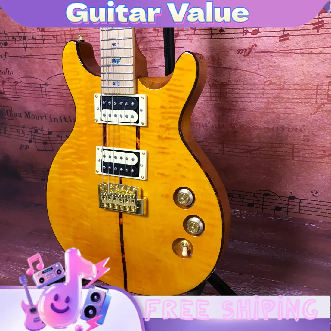 Bright Yellow Compact Size PRS Tiger Pattern Maple Double Missing Corner DC Electric Guitar Single Shake System Free Shipping