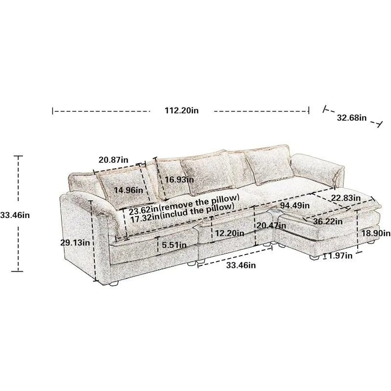 Shaped Corner Convertible Modular Sectional Sofa Couch W/Movable Ottoman and 3 Pillows, Chenille Upholstery