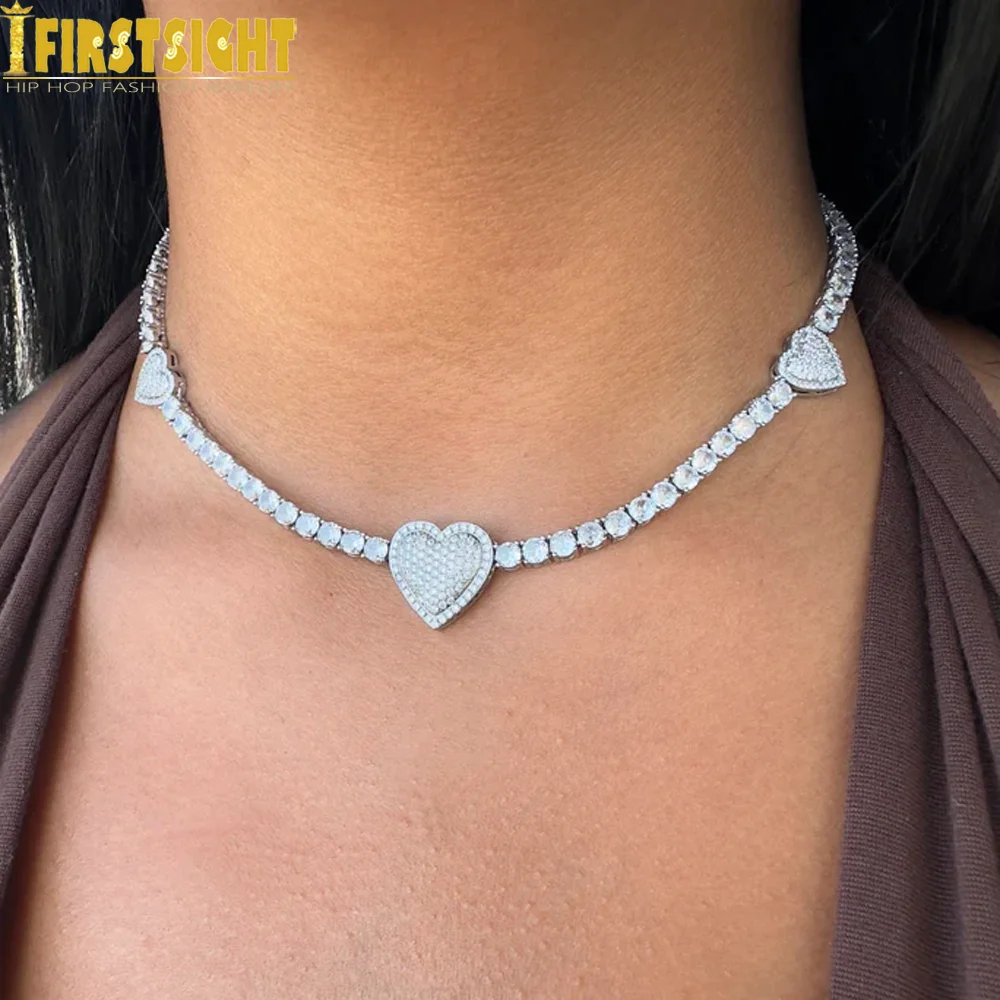 

New Bling Heart Pendant Necklace Silver Color Iced Out AAA Zircon 5mm Tennis Chain Butterfly Charm Women Hip Hop Fashion Jewelry