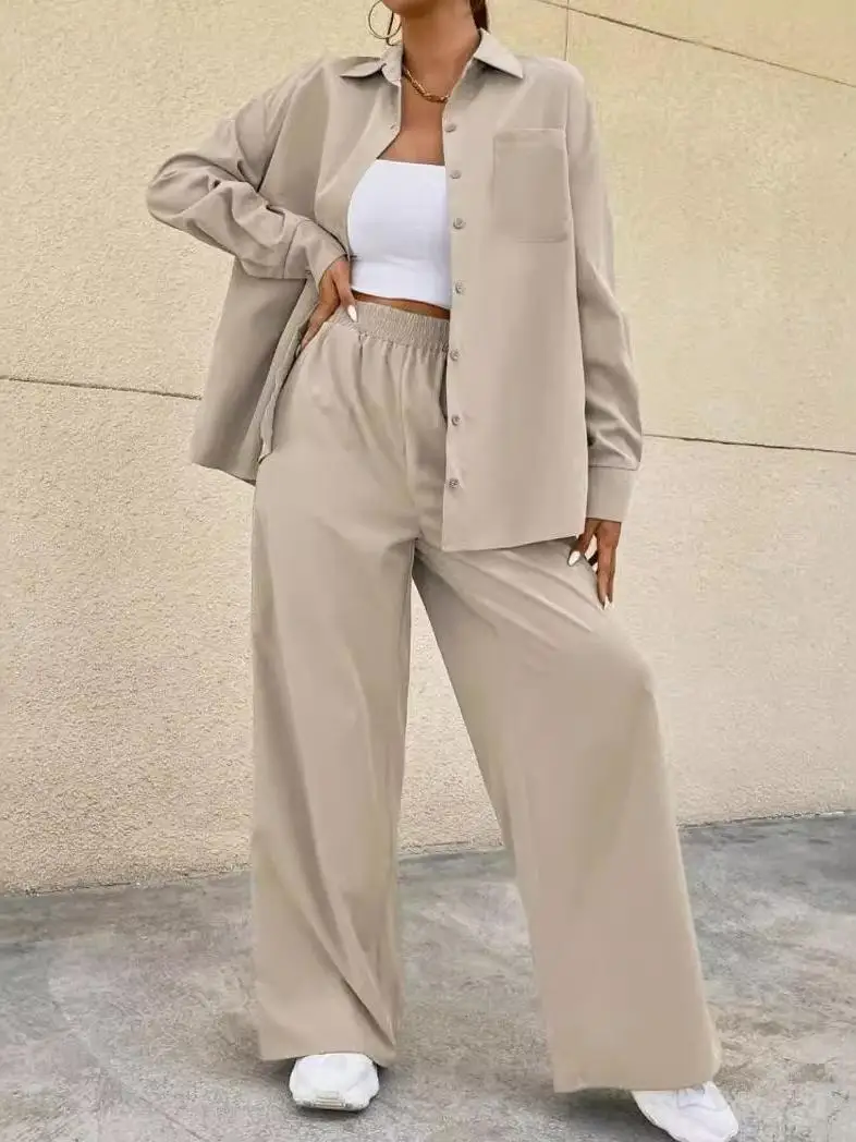 

Autumn 2024 Pure Cotton Long Sve irt Loose Wide Leg Pants Two Piece Set Casual Comfortable Breathable Women's Ensemble
