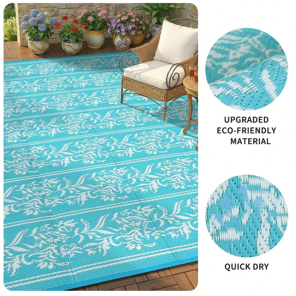 

Modern Geometric Floral Outdoor Area Rug For Balcony Pool RV Waterproof Reversible Mat Palm Vintage Straw Plastic Camping Carpe