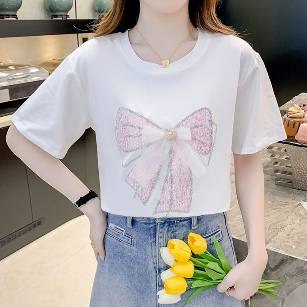 Fashion Hot Diamond Bow T Shirts Female 2024 Summer Womens Clothes Casual Shinny Short Sleeve Top Ladies Soft Sweet White Tees