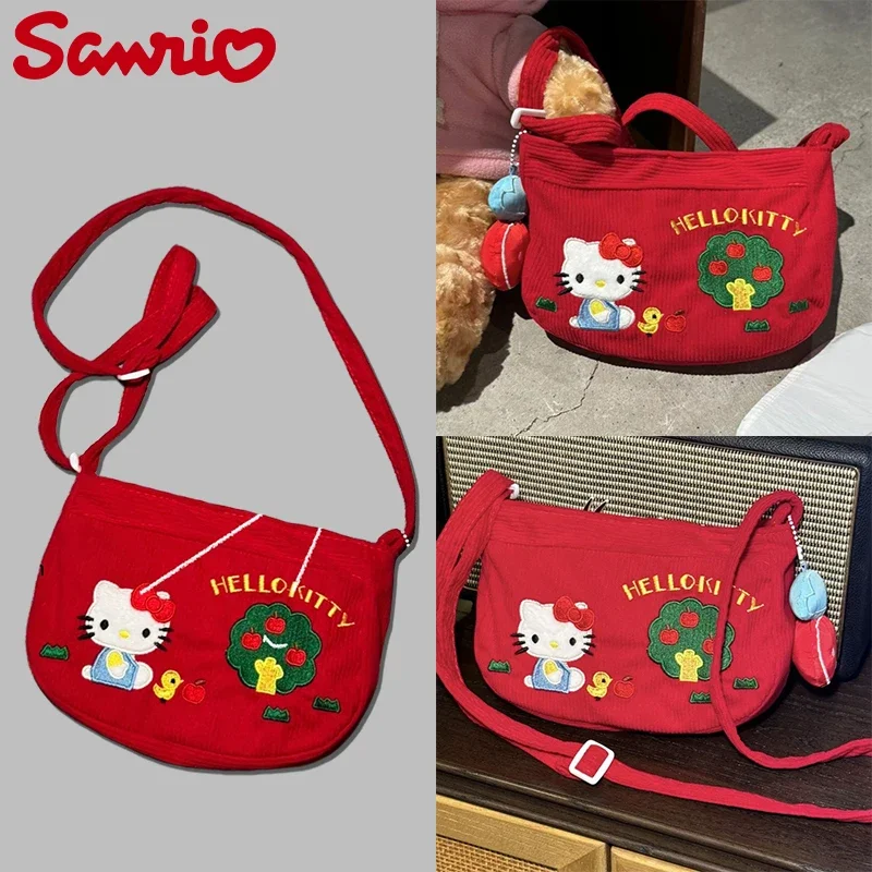 

Sanrio Hello Kitty Cartoon Women Messenger Bag Anime Portable Corduroy Embroidery Adjustable Crossbody Bag Girl Travel Phone Bag