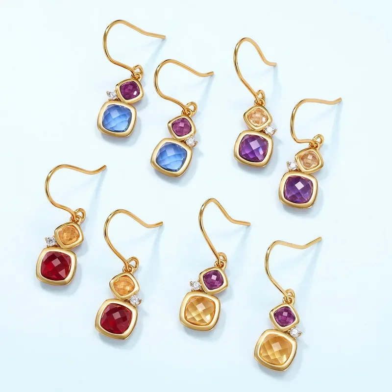 Plaid Candy Ear Hook Women's 18K Gold Inlaid Color Baby Stone PT950 Platinum Synthetic Crystal Color Baby Earrings Simple