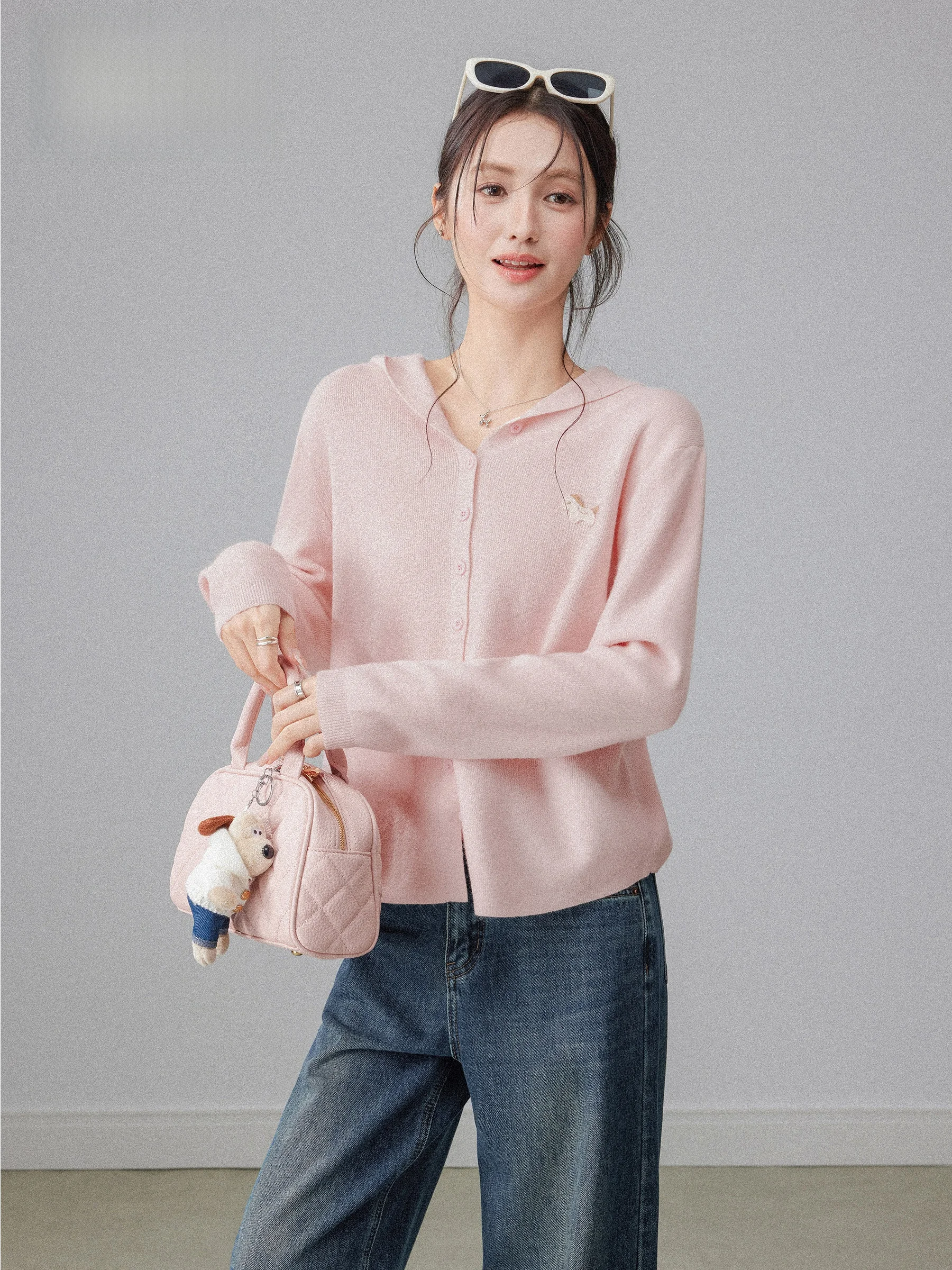 

Pink Knitted Hat Design Embroidered Women's Spring Summer Soft Style Long Sleeve Regular Fit Button up Cardigan Top