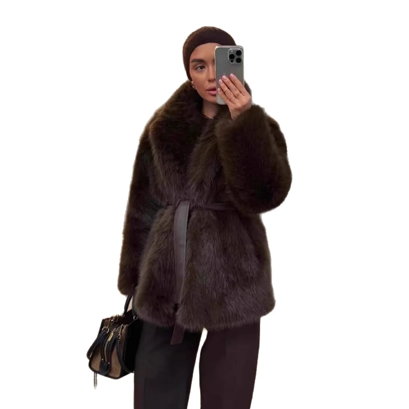 秋冬の売れ筋商品、厚手で暖かいフォックスファーコート、ベルト付き、ファッショナブルなプラッシュ婦人服