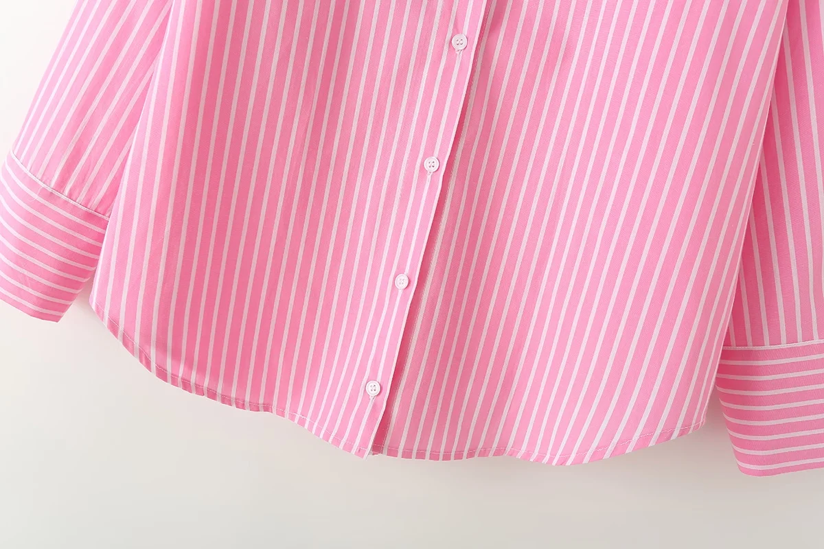 Tangada 2024 Women Pink Striped Cotton Blouse Shirt Long Sleeve Chic Female Loose Tops 6L023