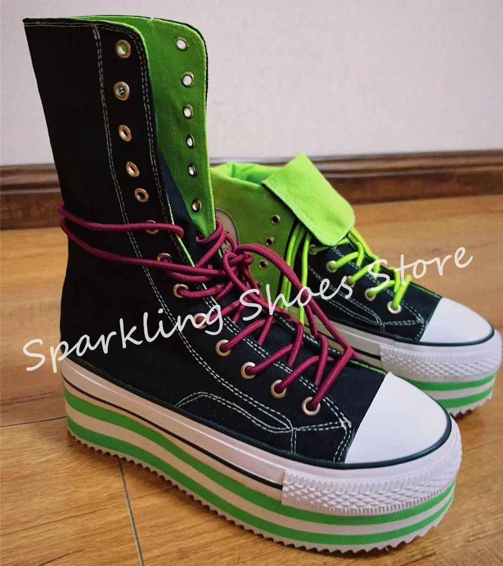 

Fashion Mixed Color High Top Women Canvas Shoes Chunky Bottom Heigh Increasing Lace-Up Mid-Calf Boots Ladies Casual Shoes