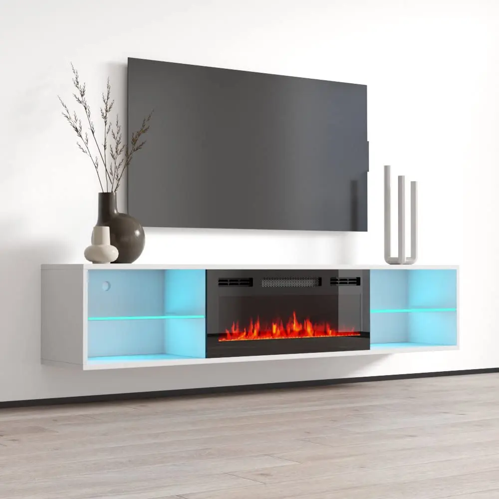 Wall Mounted Electric Fireplace TV Stand Media Console Matte Finish 72 Inch White, Customized