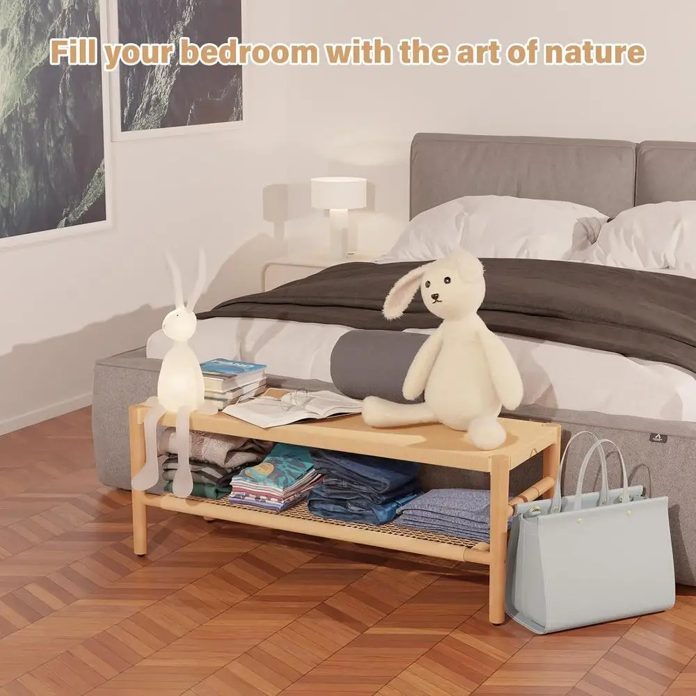 天然38.5籐製シューズラック、2段式、木製脚付き、玄関、リビング、廊下用のスタイリッシュな収納ベンチ