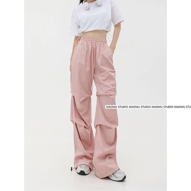 

Pink Workwear Pants Women's American Cool Folded Wide Leg Pants Spring Summer High Waist Street Style Cotton Polyester Blend