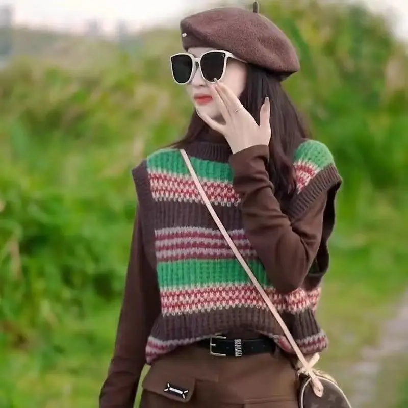 

Мягкий клейкий свитер с круглым вырезом для женщин с уменьшающими возраст полосками, ленивый вязаный жилет без рукавов, топ-бретелька для женщин