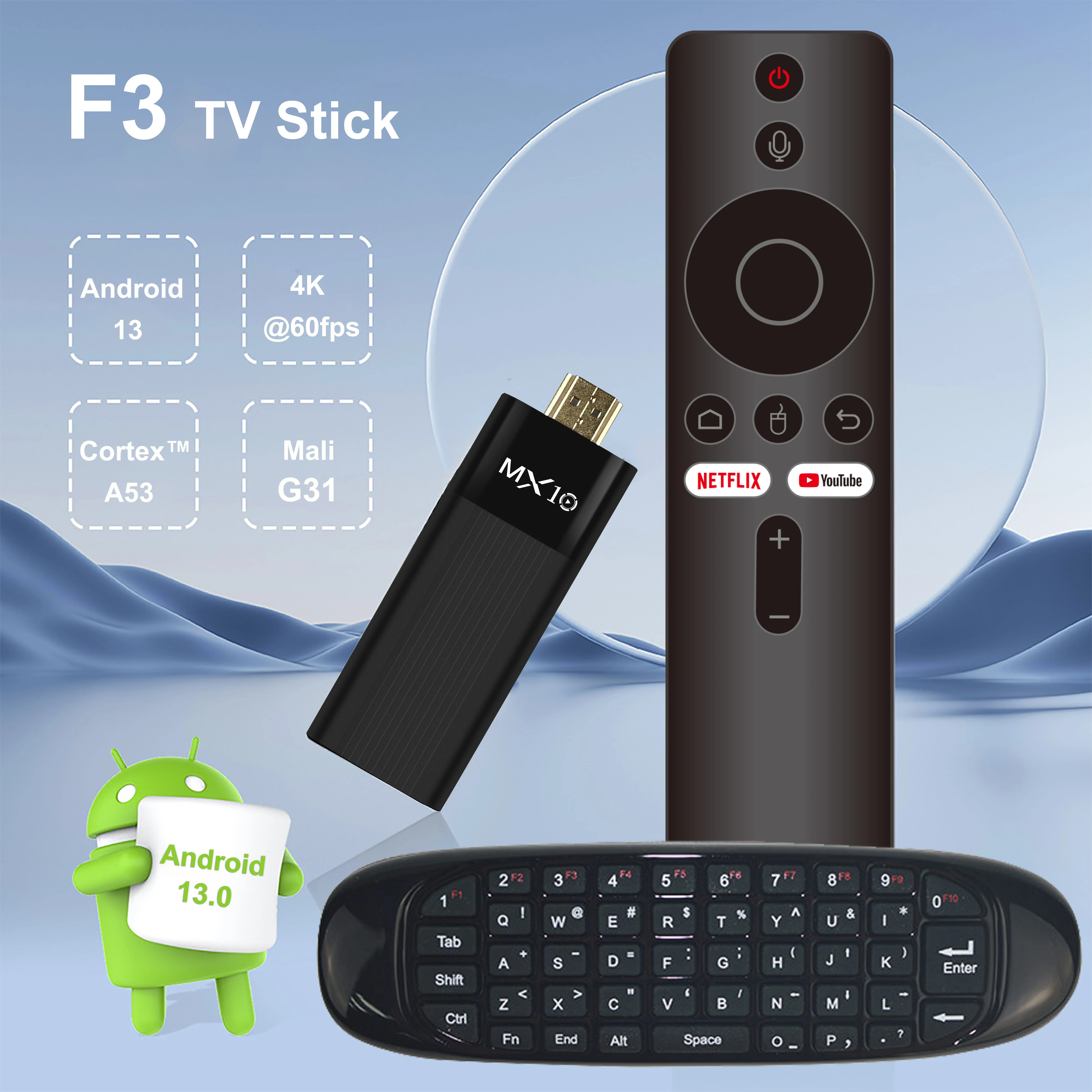 

Mini Wireless 2.4G Touchpad Keyboard + Android TV Stick MX10 F3 Allwinner H313 Mali-G31 Air Mouse Remote Touchpad