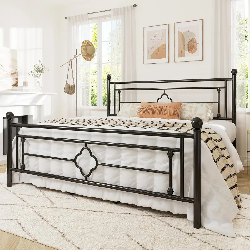 King Size Metal Platform Bed Frame with Victorian Vintage Headboard and Footboard/Mattress Foundation/Under Bed Storage