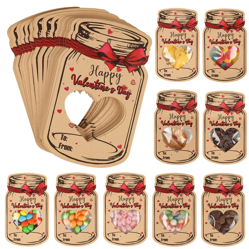 Happy Valentine's Day Paper Cards Kraft Paper Candy Packing Bags Jar Bottles Shape For Valentine's Day Party Decor Kids Gifts