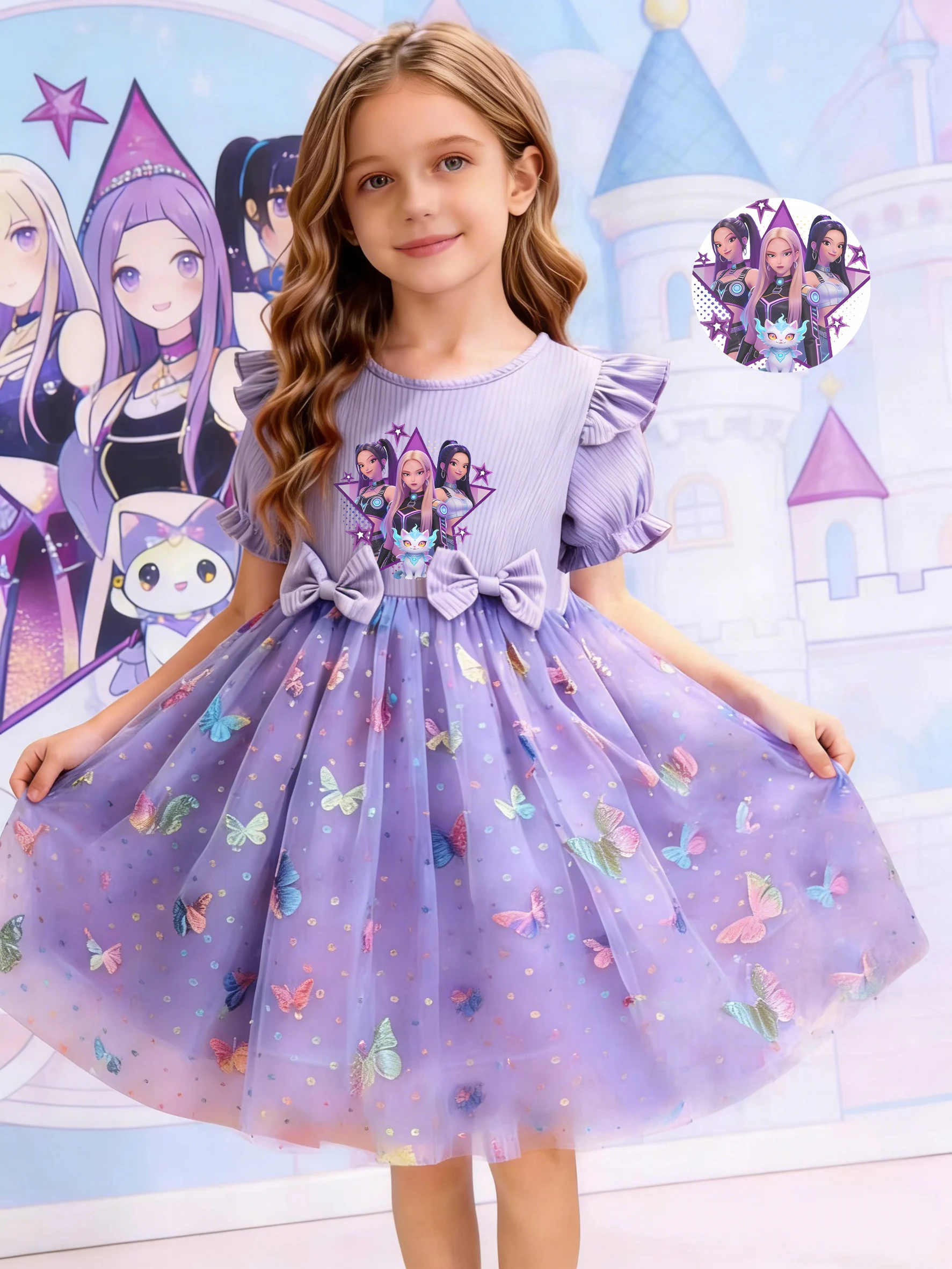 Purple Butterfly Tulle Princess Dress for Girls, Summer Anime IP Embroidered Flutter Sleeve Dress