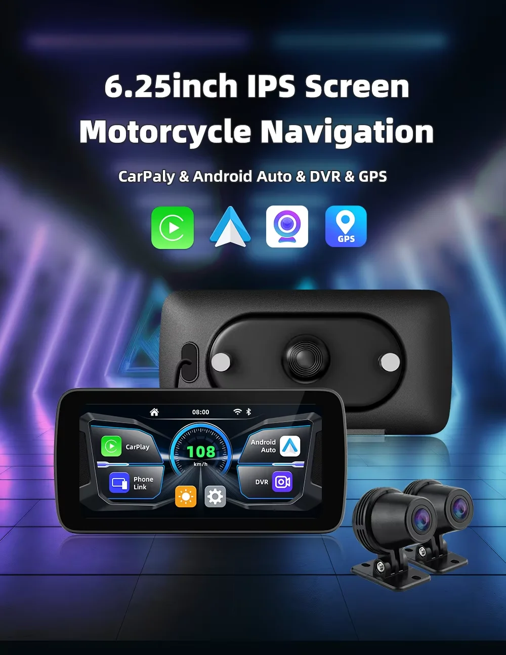 Quick Release 6.25" Motorcycle Navigator Touch Screen Carplay Android Auto Dual Lens Dashcam Dvr Waterproof Tpms Anti-thief view 2