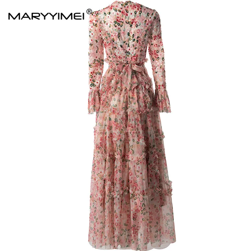 MARYYIMEI Spring Summer Women's Dress High Waiste Lace-UP Mesh Sequins Edible Tree Fungus Edge Flare Sleeved S-4XL Dresses