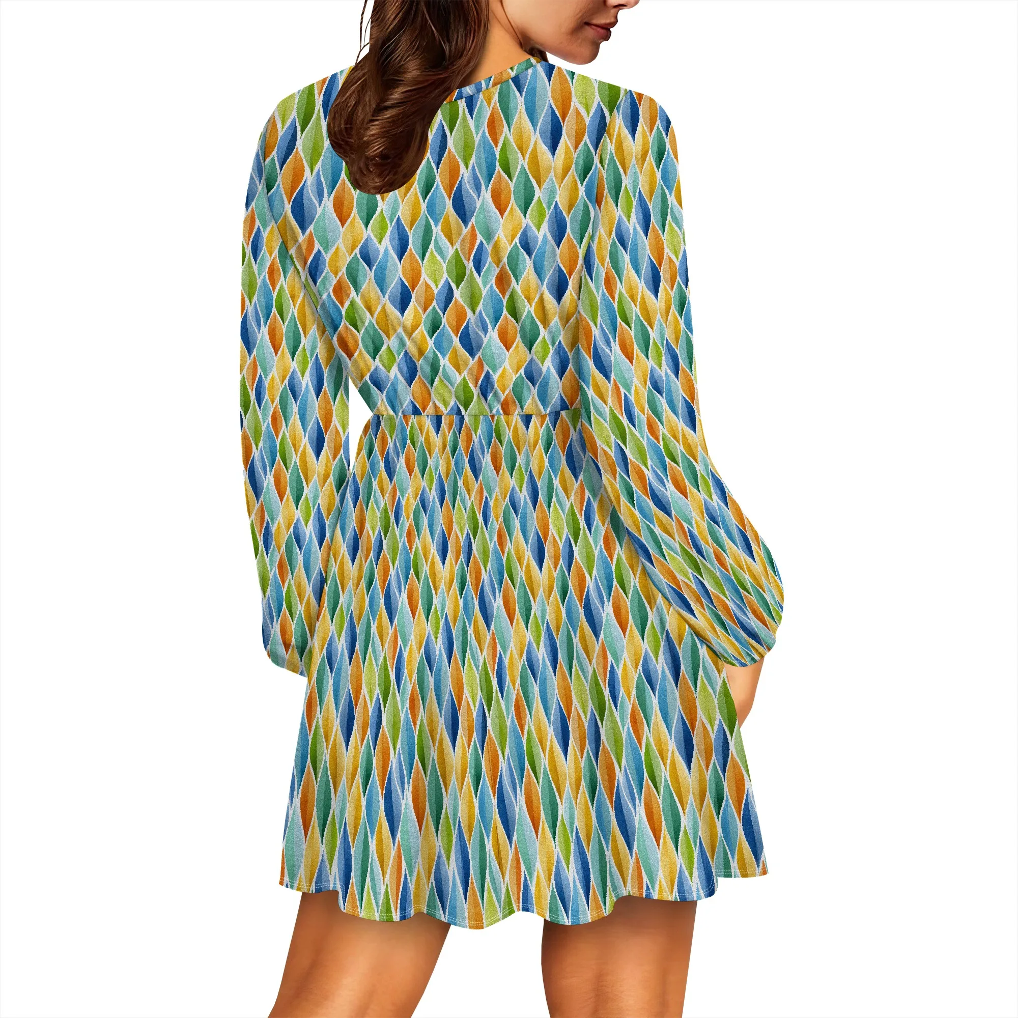ผู้หญิงสบายๆฤดูร้อนฤดูใบไม้ร่วงชุดแขนยาว Floral Wrap V คอเอวสูงฉัตรสาย Flowy Mini Dress