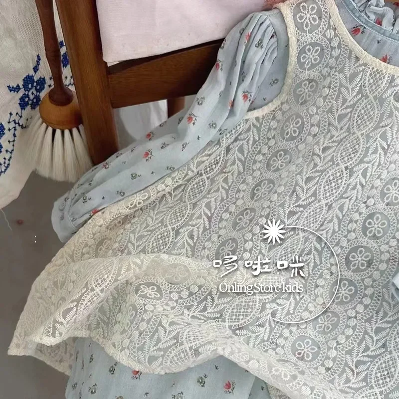 Korean Children\'s Clothing Girl Set Spring New Children\'s Floral Long Sleeved Flower Princess Dress + Beige Vest Dress 2 Pcs Set
