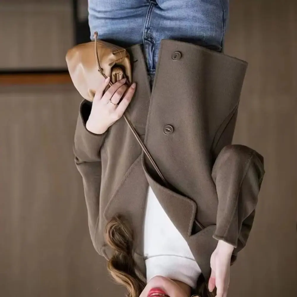 

Women Jacket Lapel Solid Color Single-breasted Double-sided Woolen Coat Loose Thermal Short Type Long Sleeved Commuting Dating S