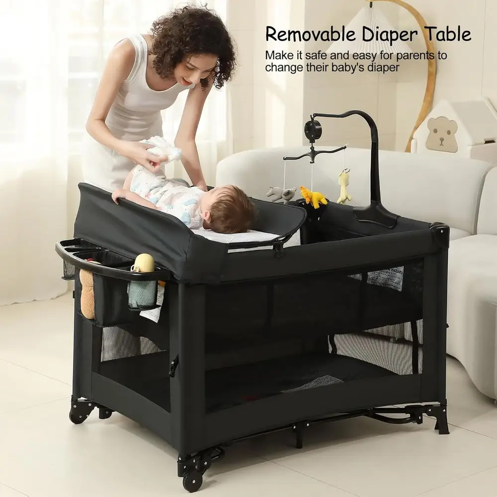 All-in-One Portable Playard, Bedside Bassinet Sleeper, Changing Table Playpen for Newborns to Toddlers (Black)