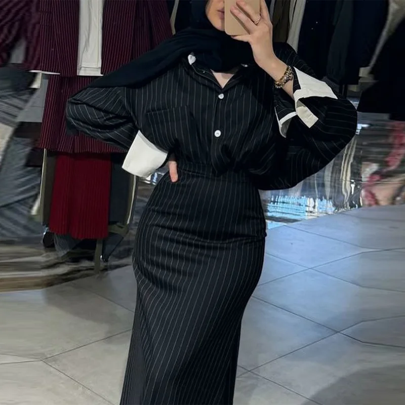 2025 New European and American Women's Dress Single breasted Long sleeved Shirt with Hip Wrapping Striped Long Skirt Set