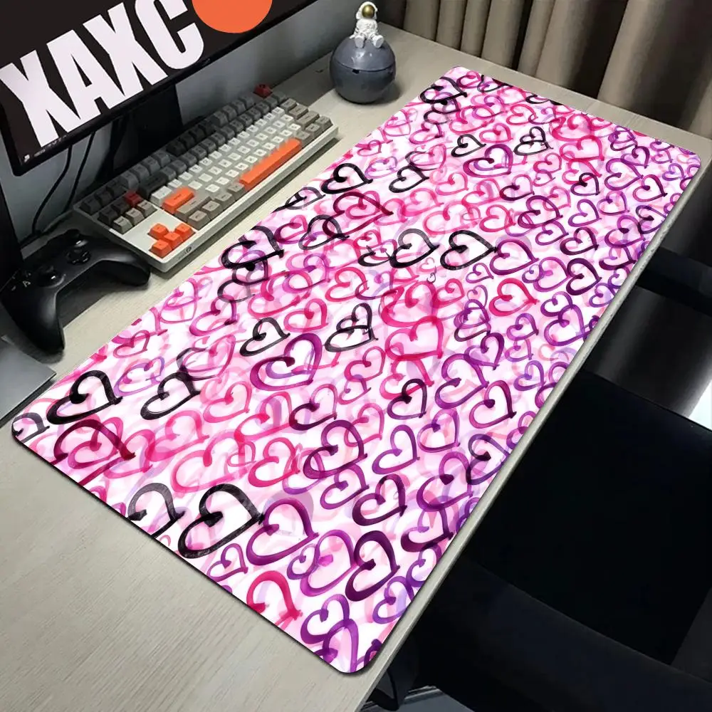

HYBXAXC Pink Heart Pattern Mouse Pad Doodle Hearts Mousepad Deskpad Cute HD Desk Pad Extended Gaming Keyboard Mats Large Gamer