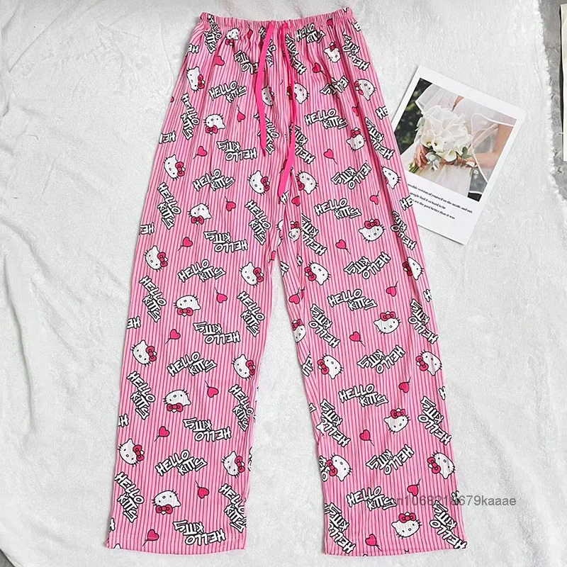 Sanrio Hello Kitty Female Summer Pink Sleepy Pants Sweet Y2k Girl Trend Cute Printed Home Pants Loose Straight Tube Casual Pants