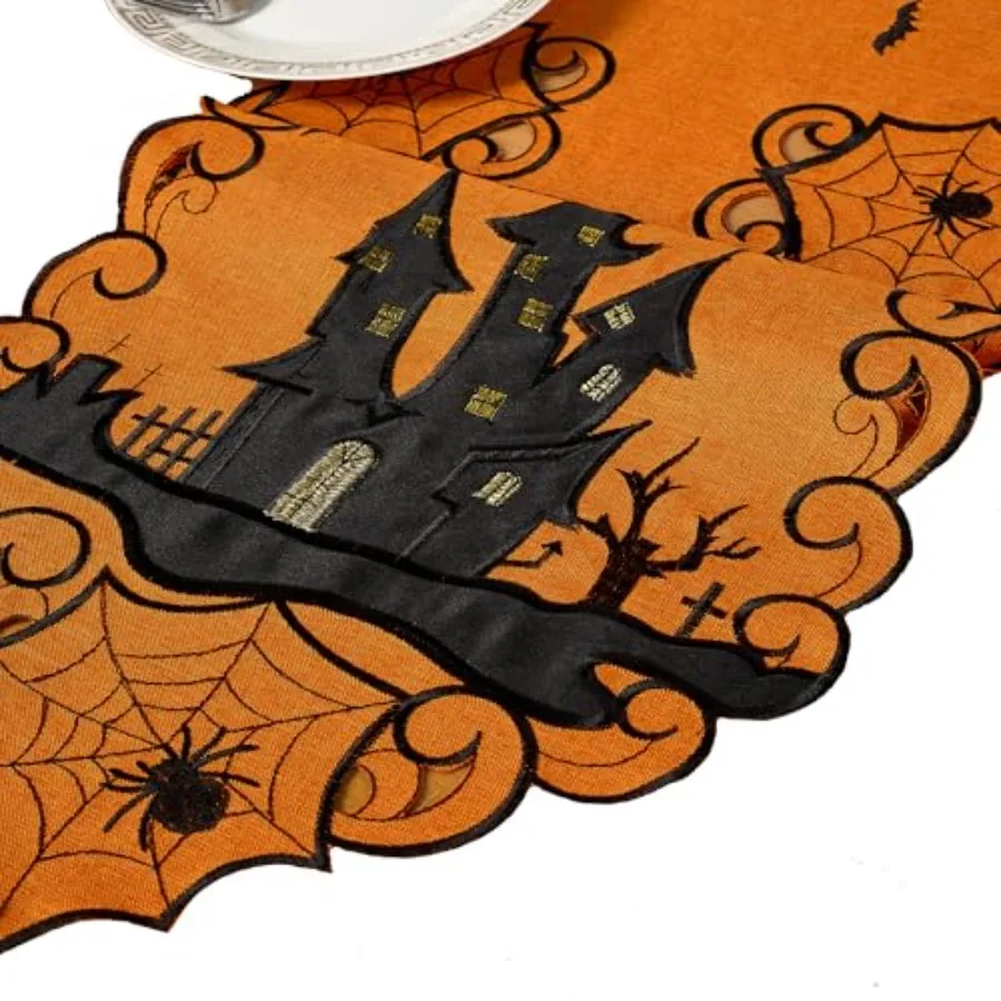 AMARED هالوين الجدول عداء المطرزة مخيف الخفافيش العنكبوت مضمد وشاح لخريف عطلة الديكور 13X69 Ih