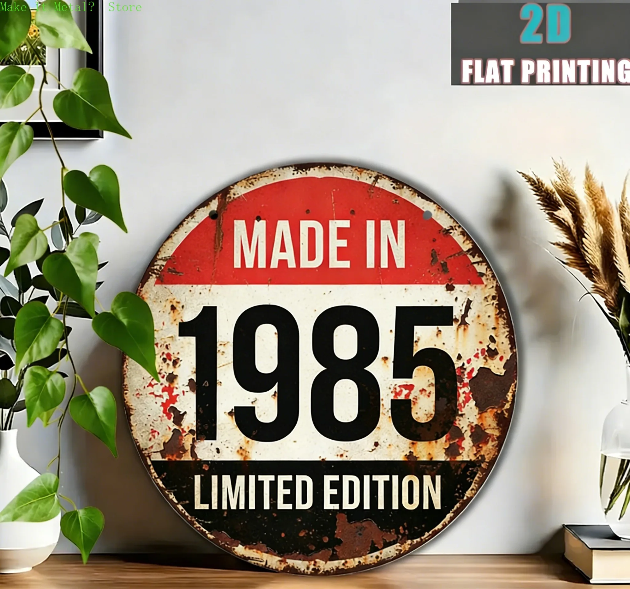 2D Flat Made in 1987 Limited Edition Round Metal Sign, Retro Rustic Wall Decor for Home Bar & Birthday Gift